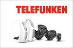 TELEFUNKEN-Logo und 5 verschiedene Hörgeräte: 2 Hinter-dem-Ohr- und 3 Im-Ohr-Hörgeräte