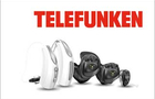 TELEFUNKEN-Logo und 5 verschiedene Hörgeräte: 2 Hinter-dem-Ohr- und 3 Im-Ohr-Hörgeräte